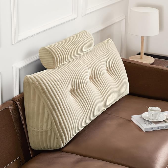 Z-hom Large Wedge Pillow Headboard, Twin Triangular Headboard Pillow, Reading Pillow Bed with a Roll Pillow for Bed Sitting Up Sleeping, Backrest Cushion Headboard Gap Pillow for Back, Beige Cream