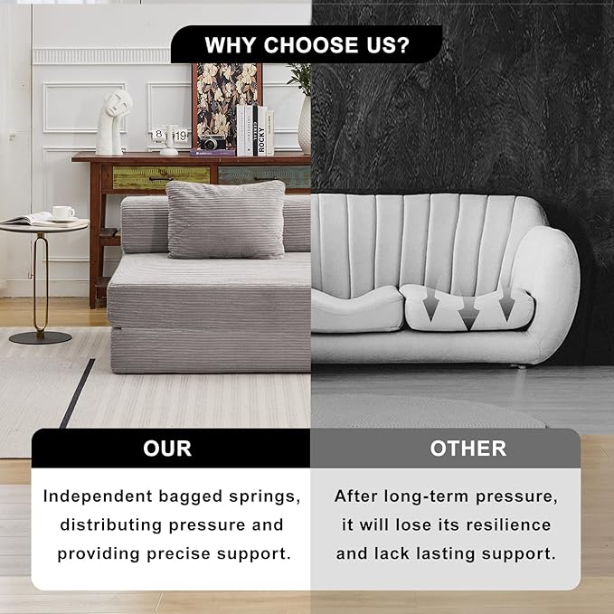 Folding Sofa Bed, Convertible Sleeper Chair with Pillow, Single Sofa with Back Support, Portable Fold Out Chair Cloud Couch Bed, Comfy Floor Sofa Lounge for Living Room Bedroom, Light Grey