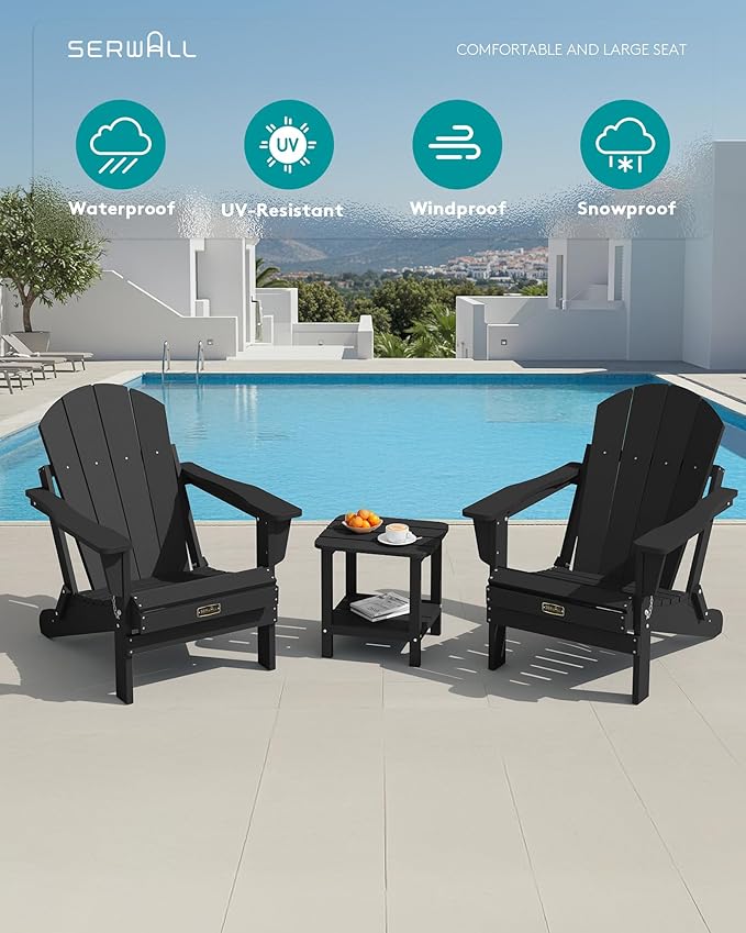 SERWALL Folding Adirondack Chairs Patio Chairs Lawn Chair Outdoor Weather Resistant for Patio Garden, Backyard Deck, Fire Pit - Black