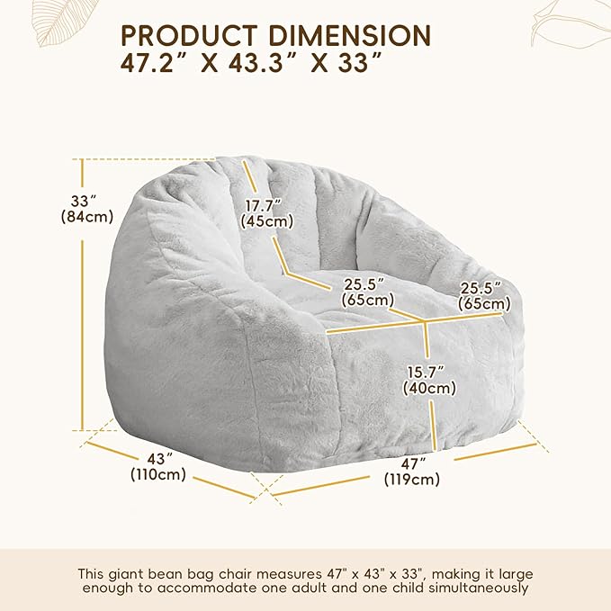 Giant Bean Bag Chair with Armrests 47 Inch Large Plush Bean Bag Couch for Adults and Kids Fluffy Faux Fur Shell-Shaped Oversized Comfy Stuffed Sofa with Filler for Living Room, Bedroom, Gray