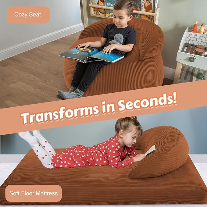 COMAX Bean Bag Chair for Kids, Convertible Toddler Beanbag Bed Corduroy, Children Bean Chair Stuffed to Floor Mattress with Filler, Orange