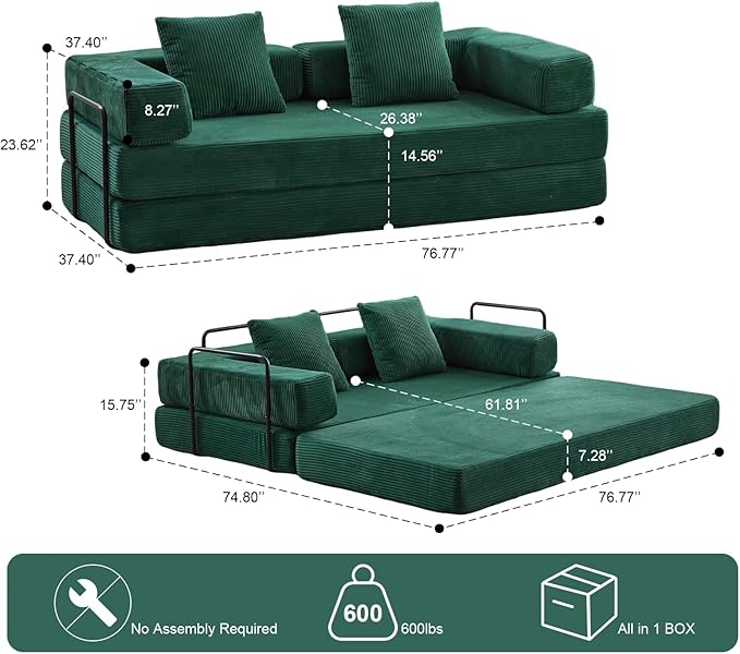 77" Convertible Foldable Floor Couch, 3-Seat Futon Sleeper Sofa for Living Room, Bedroom, or Apartment, with Pillow Backrest and Armrests, Corduroy Fabric, No Assembly Required, Dark Green