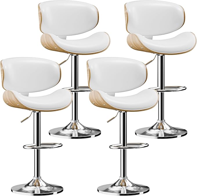 Aowos Bar Stools Set of 4, Adjustable Swivel PU Leather Bar Stools for Kitchen Island, Mid Century Modern Counter Height Barstools with Back & Footrest (Cream White)