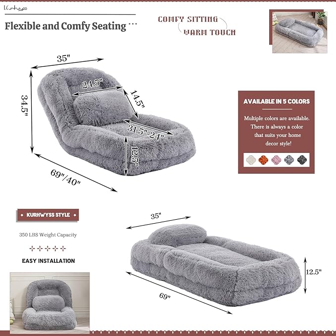 Upholstered Human Dog Bed for Adult & Pets, Convertible Lazy Sofa Bed with 5 Adjustable Position, Comfy Tatami Bean Bag Lounge Chair with 2 Soft Pillows for Bedroom Living Room (Light Gray Fluffy)