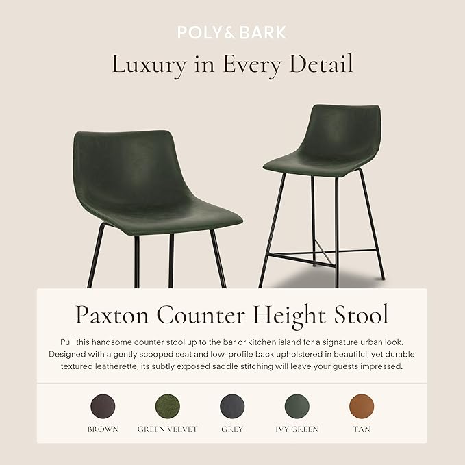 Poly & BARK Paxton Leather Counter Stools 24 Inches – Set of 3 - Counter Height Bar Stools – Barstools for Kitchen Island or Counters – Faux Leather & Matte Black Steel Base – Distressed Green Velvet