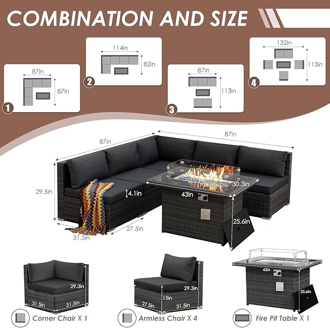 RADIATA 6 Piece Wicker Patio Furniture Set with Fire Pit, All-Weather Outdoor Sectional Couch High Back Large Size, Modular Backyard Seating Sofa Set with Propane/Natural Gas Firepit Table, Dark Grey