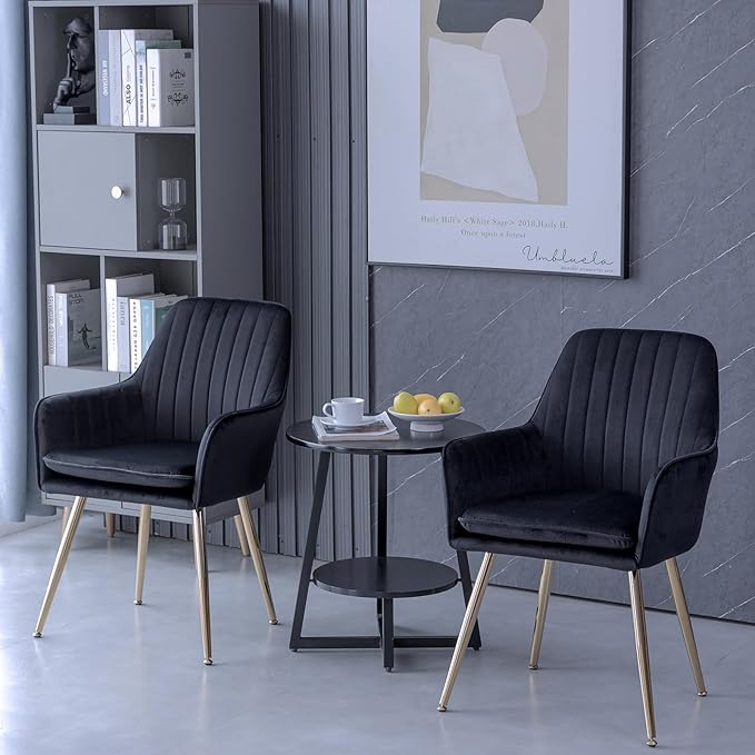 Purgreen Velvet Dining Chair Set of 6 - Modern Mid-Back Accent Chair with Gold Plating Legs - Comfy Upholstered Chair for Living Room，Bedroom & Reception Room (Velvet Black, Set of 4)