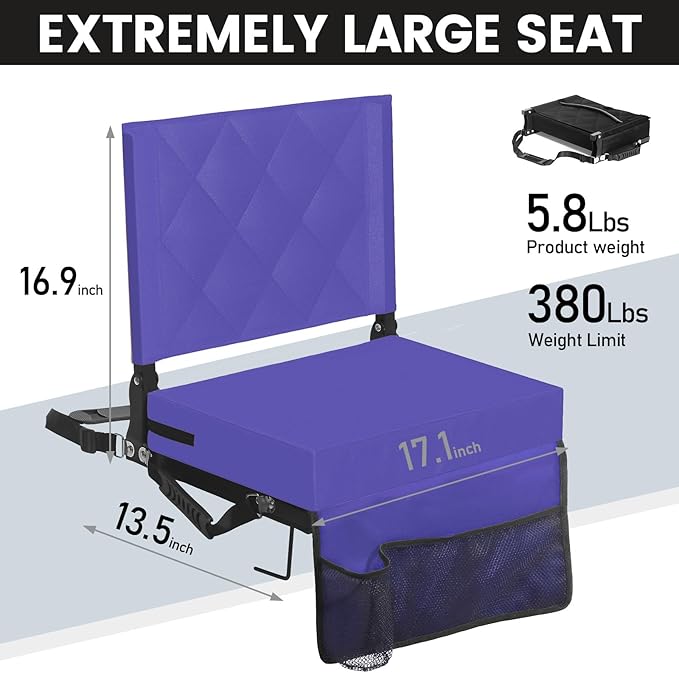 Sheenive Stadium Seats for Bleachers with Back Support, Bleacher Seats with Backs and Cushion Wide, Padded Portable Folding Comfort Stadium Chair with Shoulder Strap, Perfect for Sports Events, Purple