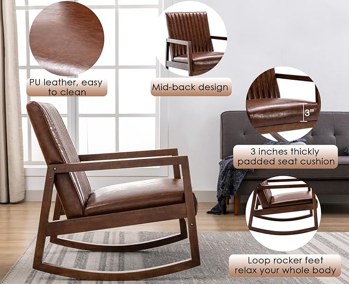 CIMOTA Leather Modern Rocking Chair Mid Century Armchair Upholstered Arm Chair with Padded Seat/Wood Frame, Comfy Rocker for Living Room/Bedroom, Retro Dark Brown PU