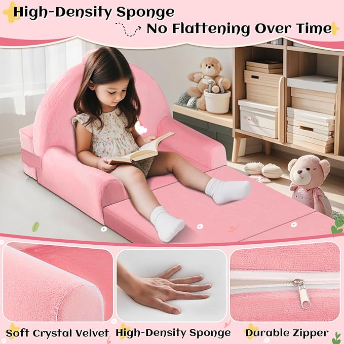 ORWIPO Unicorn Kids Sofa Bed with Removable Washable Cover & Hook and Loop Backrest – Foldable Toddler Chair, Cozy Crystal Velvet Furniture for Playtime, Naps & Travel (Pink, Unicorn Design)