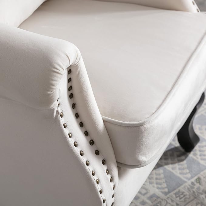 DM Furniture Mid Century Accent Chair Modern Tufted Wingback Armchairs Club Chair Velvet Fabric Single Sofa Reading Chair with Pillow for Living Room, Cream