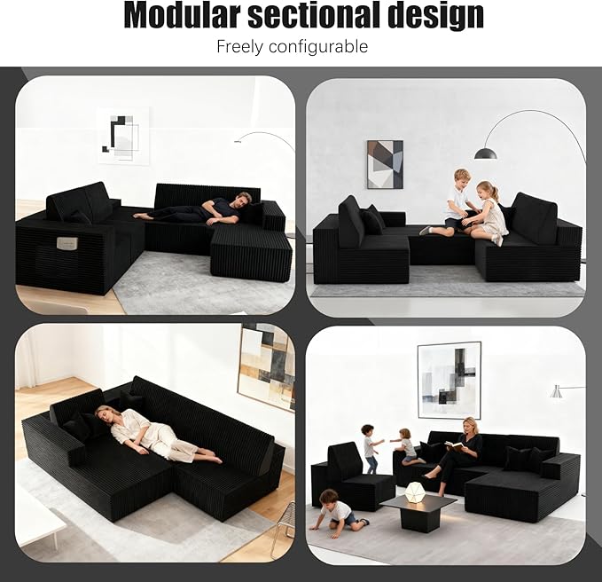 Komusou 142" Boneless Couch, Cloud Modular Sectional Sofa with L-Shape Chaise and Deep Seat, Modern Upholstered Couches for Living Room Bedroom No Assembly Required (Black, Right Facing Chaise)