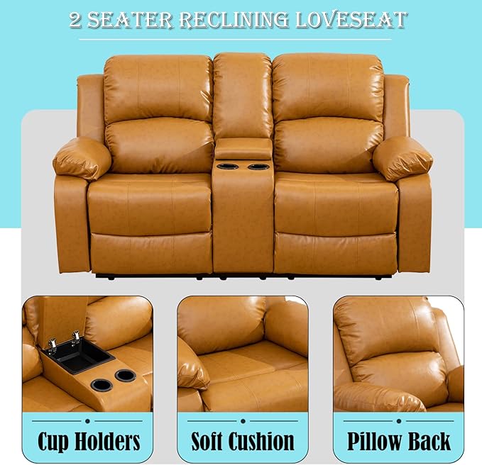Caberryne Leather Recliner Sofa，Reclining Loveseat for Living Room Furniture Sets, Ginger Double Recliner Loveseat for Living Room/Office/Theater Seating/Rv(2 Seater Couch)