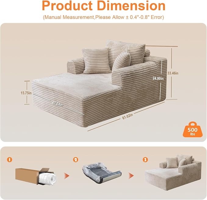 Oversized Chaise Lounge Chair Indoor, Upholstered Single 61'' Round Arm Boneless Cloud Sofa Bed Sleeper Couch, No Assembly Faux Rabbit Fur Memory Foam Reading Chair for Living Room Bedroom Beige