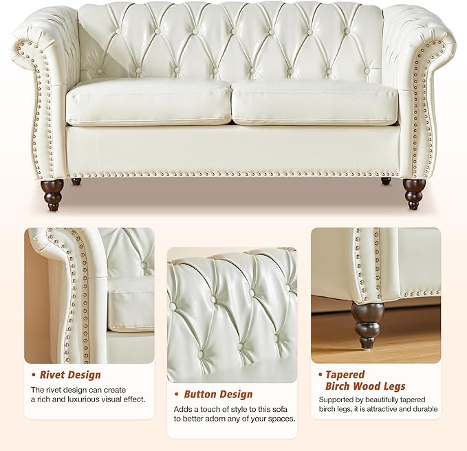 QHITTY Accent Sofa, Chesterfield Loveseat Modern Faux Leather Couch Upholstered Sofa with Tufted Back for Living Room Furniture (White)