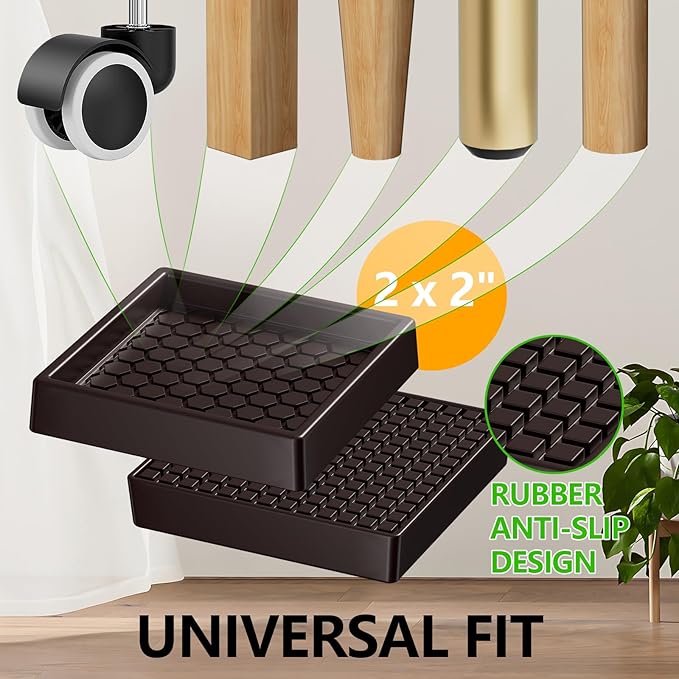 Non Slip Furniture Pads - 2x2 Anti Skid Caster Cups, 16PCS Square Furniture Coasters for Hardwood Floors, Anti Slide Furniture Cup Bed Floor Protectors, Furniture Stoppers to Prevent Sliding(Brown)