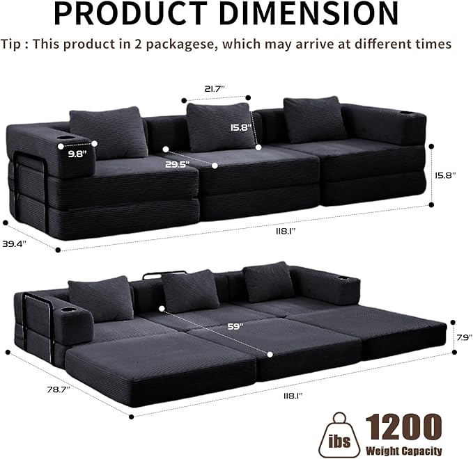 118" Oversized Convertible Floor Sofa Bed, Boneless Foldable Mattress Cloud Couch with Pillow Back & Armrest, Fold Out Floor Couch with Cup Holder for Living Room Bedroom Lounge, Corduroy, Black