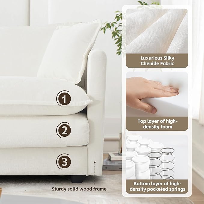 SoarFlash Chenille Sectional Sofa, Comfy Modular Loveseat Sofa, Modern 3-Seat Couch Deep Seat Sofa Set for Living Room,White