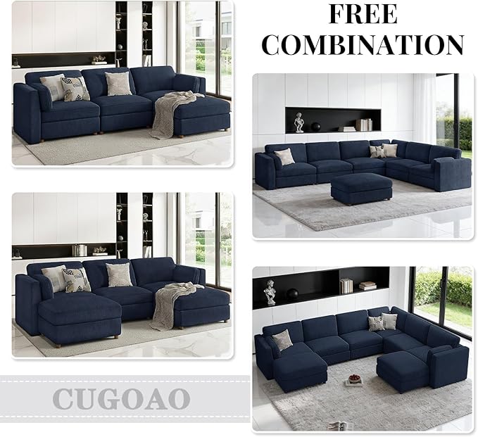 CUGOAO 118'' Modular Sectional Sofa, Oversized U-Shaped Sectional Couch with Ottoman, Deep Seat Chenille Cloud Couch, Mordern Upholstered Couches for Living Room, Apartment, Office, Blue