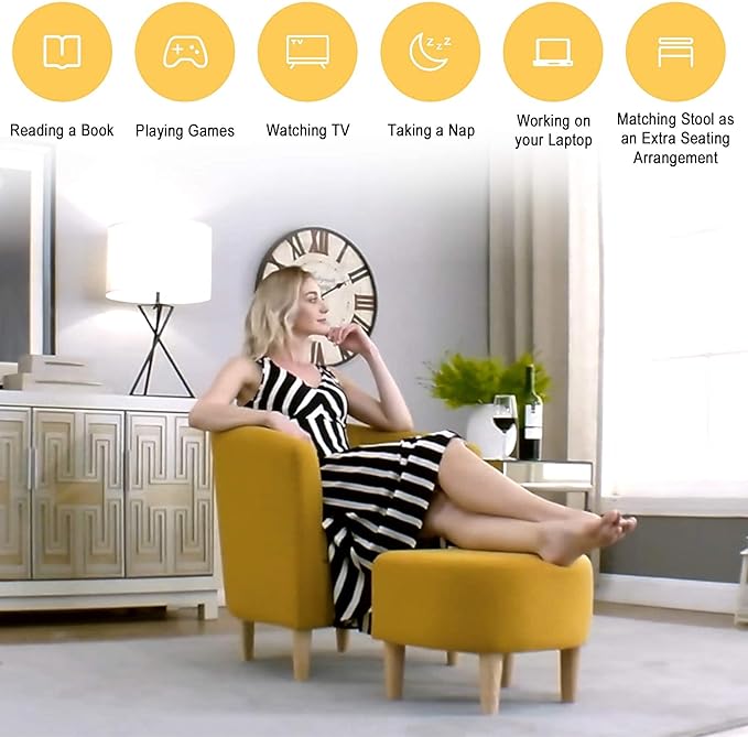 DAZONE Modern Accent Chair, Upholstered Arm Chair Linen Fabric Single Sofa Chair with Ottoman Foot Rest Mustard Yellow Comfy Armchair for Living Room Bedroom Small Spaces Apartment Office
