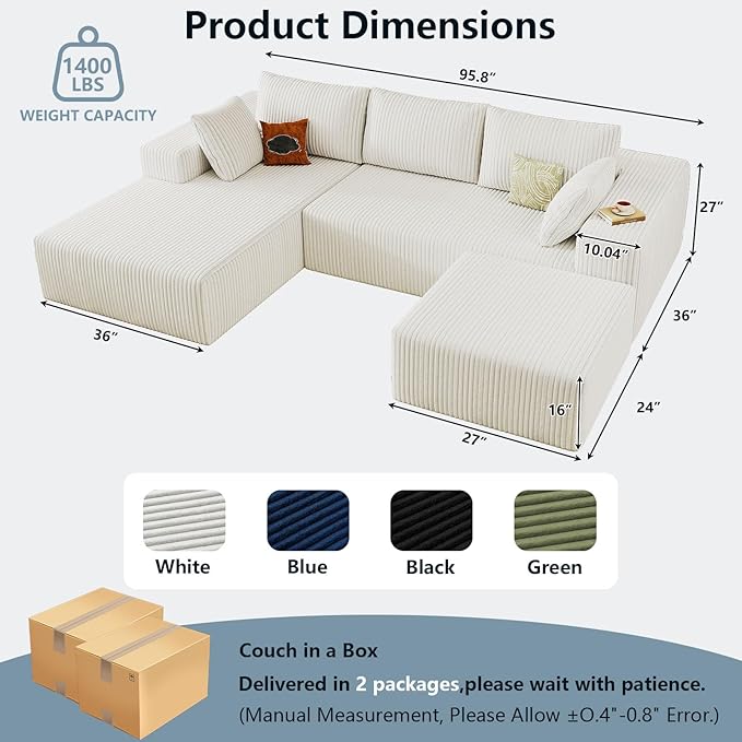 96" W Cloud Sectional Couch with Ottoman,Modern U-Shaped Cloud Couch with Deep Seat,Comfy Corduroy 3-Seater Sofa,Memory Foam Sofa for Living Room,No Assembly (White,Left-Facing Chaise)