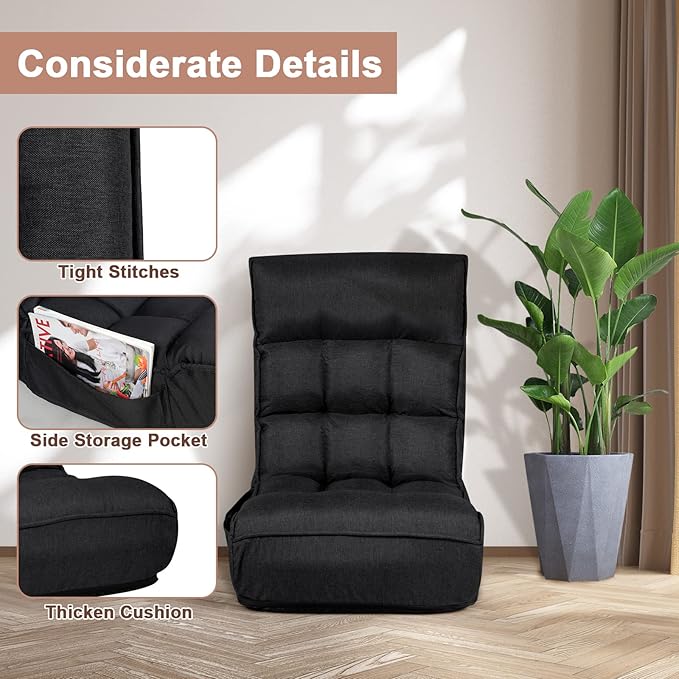 MAT EXPERT Folding Floor Chair, Floor Gaming Chair w/ 4-Position Backrest, 5-Position Adjustable Headrest, Side Pocket, Indoor Floor Chair w/Back Support for Bedroom, Living Room (Black)