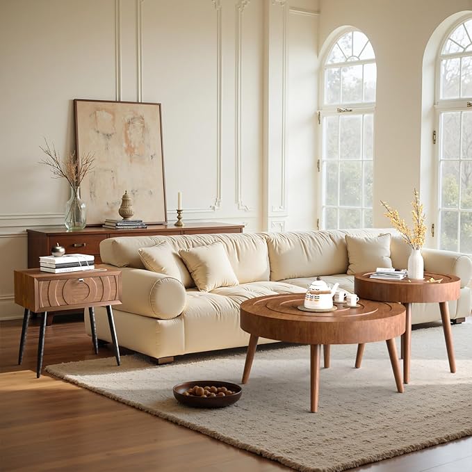 SUNBURY Round Coffee Table, Nesting Tables with Concentric Circle Pattern, Mid Century Modern Coffee Table Set for Living Room Bedroom, 31.5"x16" and 21.8"x20"