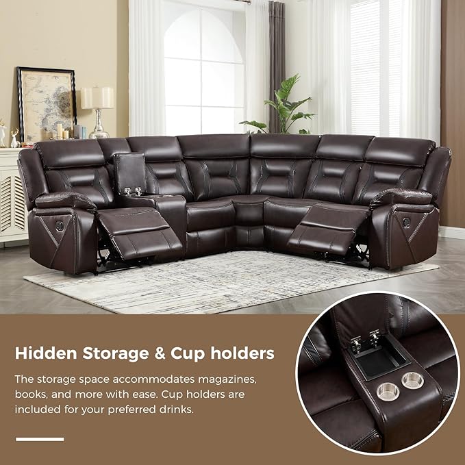 EBELLO Faux Leather Reclining Sectional Sofa Set for Living Room, 1 Recliner Chair and L-Shaped Reclining Couches Home Furniture Set with Center Console, Hidden Cup Holders and Storage, Dark Brown