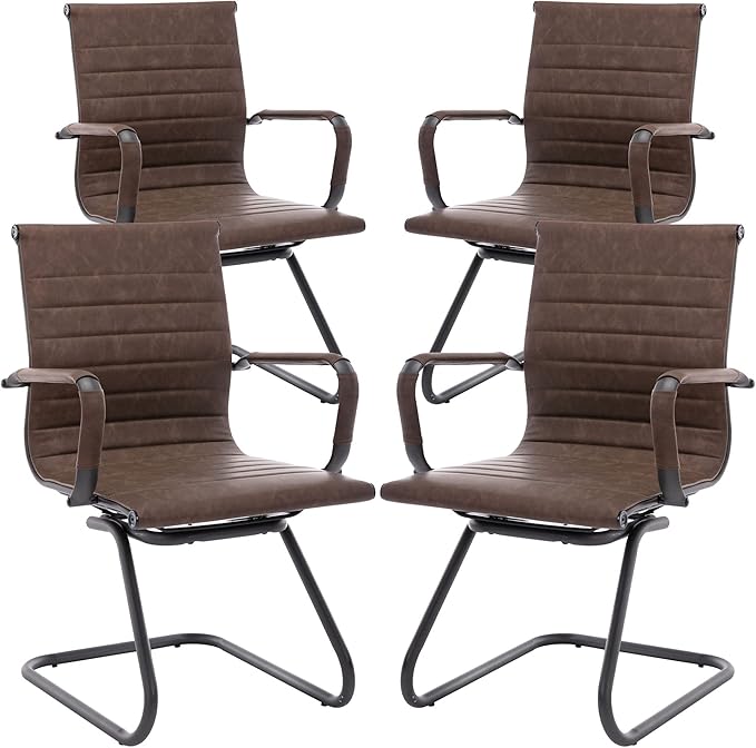DM Furniture Office Desk Chair No Wheels Set of 4 PU Leather Computer Chairs Mid Back Guest Chairs for School Reception Conference Waiting Room, Vintage Brown