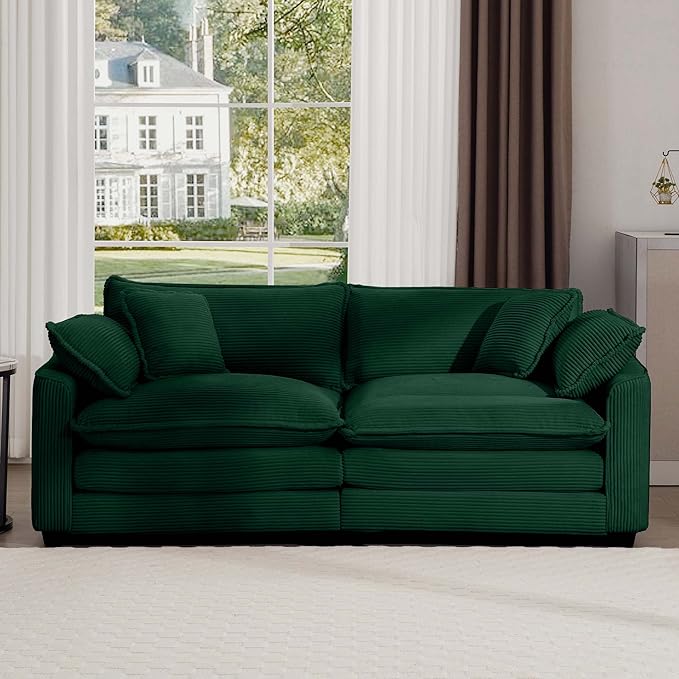 Aoowow Corduroy Loveseat Couch,Modern 2 Seater Cloud Couches for Living Room,Modular Sectional Cloud Sofas with Deep Seat,Large Love Seat for Small Spaces,Apartment,Office. (Green, 2 Seater)