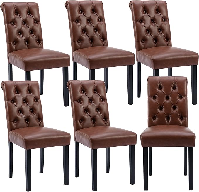 chairus Dining Chairs Set of 6 Mid Century Modern Living Room Chairs with Button Tufted High Back PU Leather Armless Chair Comfy Upholstered Side Chairs for Kitchen/Restaurant/Bedroom, Brown