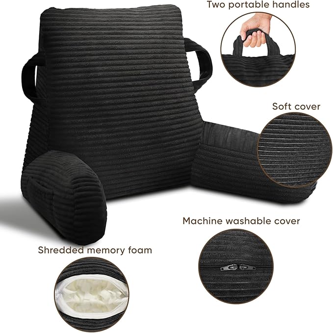 ABROLOY Reading Pillow for Sitting in Bed Adult, Bed Reading Pillow with Shredded Memory Foam, Back Pillow for Sitting with Arms and Pockets, Black
