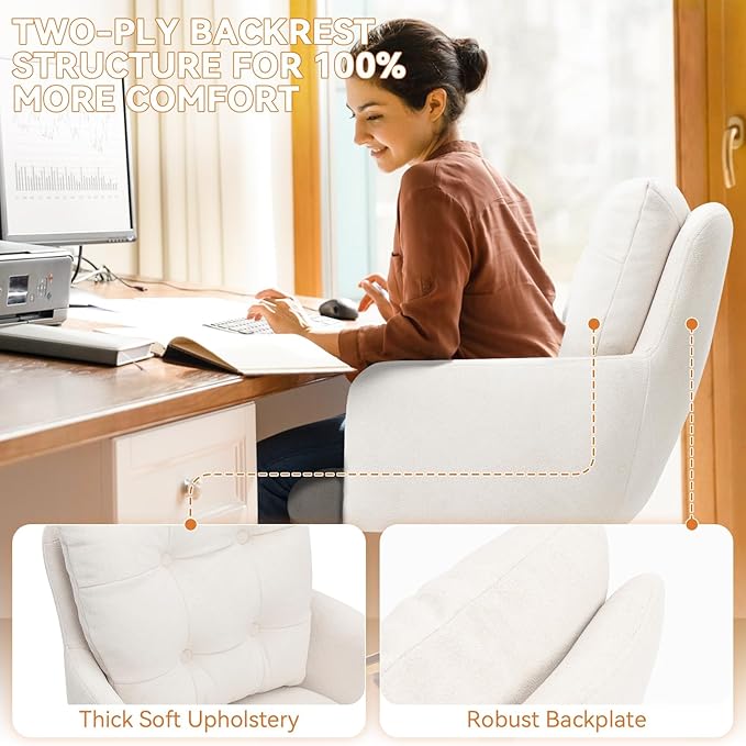 BALIAA Flannel Office Chair Vanity Chair Comfy Home Office Desk Chairs with Lumbar Support, Modern Plush Fabric Desk Gold Legs Swivel Task for Home Office Bedroom Study White Upgraded Version