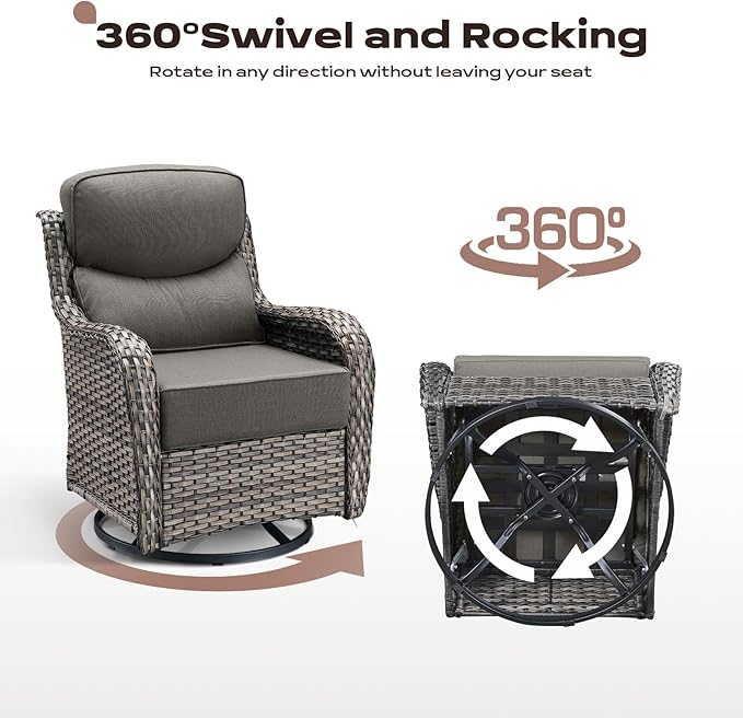 Rilyson Outdoor Patio Furniture Set - Weather Resistant Wicker,High Back,6 inch Cushions,3 Piece Patio Bistro Set with Swivel Rocker Chairs and Side Table for Deck Porch Yard,Mixed Grey/Grey