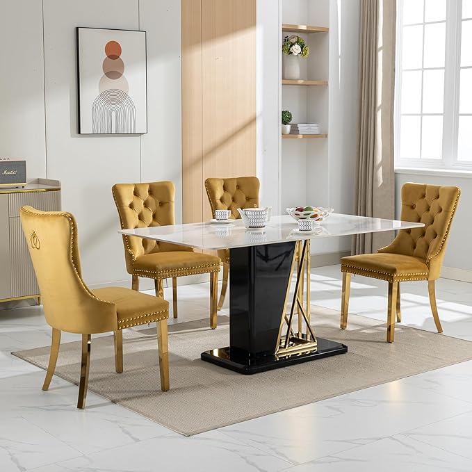 YeahFurn Mid Century Modern Dining Chairs Set of 6, Yellow Velvet Upholstered Tufted Back, Kitchen & Dining Room Chairs, Gold Metal Legs, Nailhead Trim, Sillas para Comedor (Yellow, 6 Pcs)