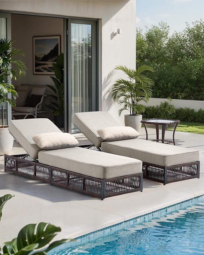 ACTREST Luxury Outdoor Chaise Lounges with 5 Inch Thickened Cushions - Set of 2 High Back Brown Wicker Patio Recliners Rattan Reclining Chairs Porch Poolside Pool Sunbathing Lounger - Beige