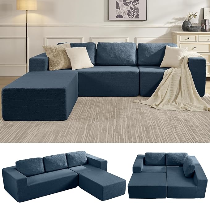 Furnify 106" Modular Sectional Couch Left/Right Facing Convertible, L-Shape Modern Teddy Sofa, Deep Seat Upholstered Foam Couch for Living Room Bedroom, No Assembly Required (Blue, Teddy Boucle)