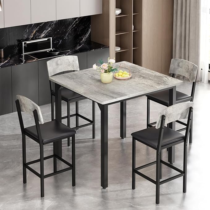 AWQM 5-Piece Dining Table Set, Dining Table Set for 4, Counter Height Table & 4 Bar Stools, Modern Kitchen Dining Set, with Upholstered Chairs, Compact Dining Set for Small Spaces, Gray