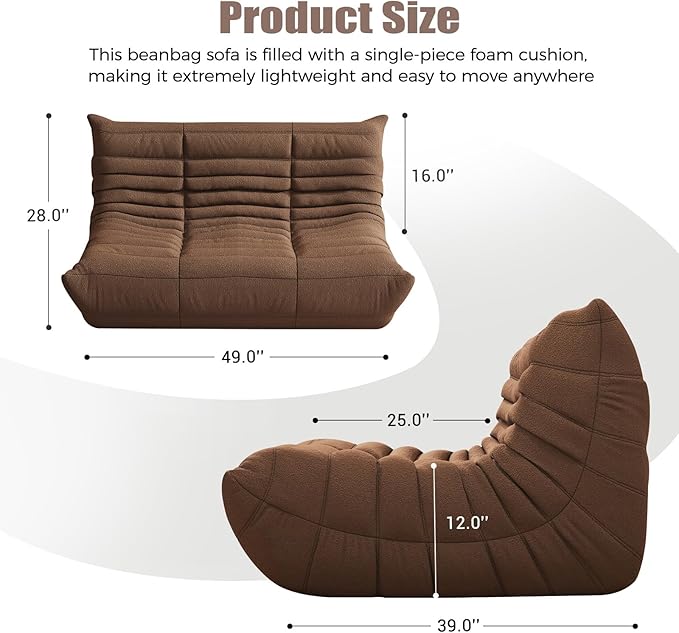 Selyteramy Bean Bag Chairs for Adults, Giant Bean Bag Chair Sofa with Memory Foam, Comfy Beanbag Loveseat Lazy Sofa for Living Room, Bedroom, Apartment, Coffee