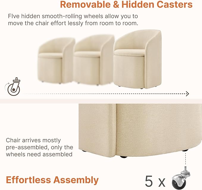 Upholstered Dining Chairs with Casters, Rolling Modern Dining Room Chairs with Hidden Storage & Barrel Backrest, Easy Assembly Accent Chair for Bedroom, Living Room, Dressing, Sand Fabric,4PCS