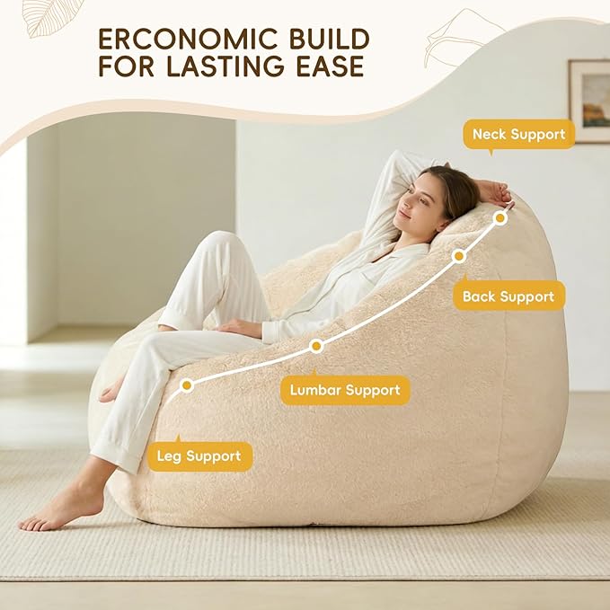 Giant Bean Bag Chair with Armrests 47 Inch Large Plush Bean Bag Couch for Adults and Kids Fluffy Faux Fur Shell-Shaped Oversized Comfy Stuffed Sofa with Filler for Living Room, Bedroom & Dorm, Begie