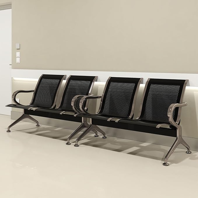 Kinfant 2-Seat Waiting Room Chair Bench Set - 2 Pieces Office Guest Benches Reception Chairs with Arms for Airport, Hospital, Bank, Salon, Barbershop, Hall, Room Conference(Black Mesh)