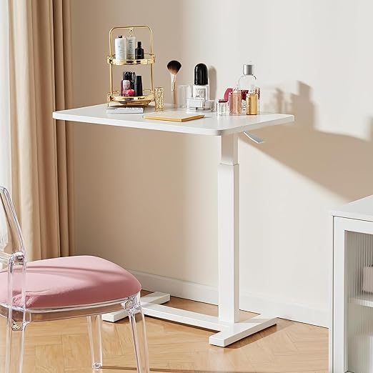 Overbed Bedside Table with Hidden Casters, Adjustable Pneumatic Mobile Laptop Computer Standing Desk, Rolling Laptop Table, Movable Overbed Table Hospital Home Use, White