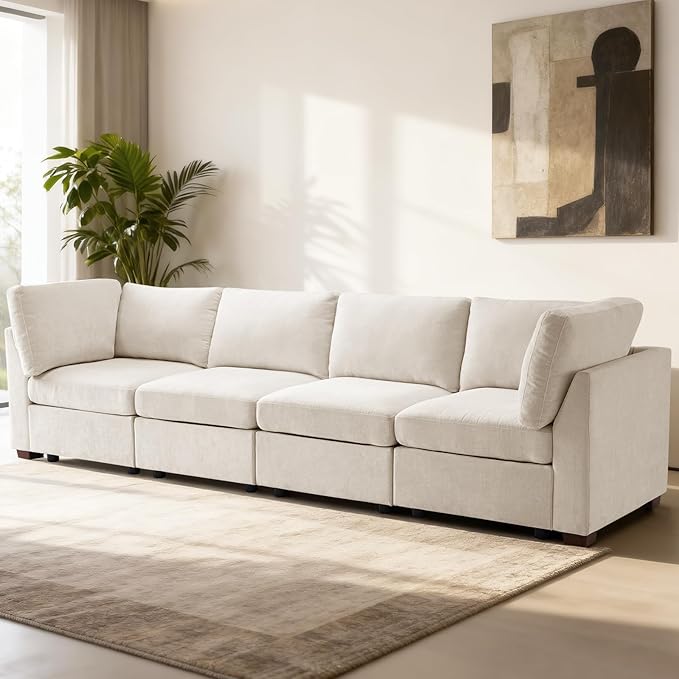 EDILLY 122 inches Oversized Modular Sectional Fabric Cloud Sofa Set, Extra Large L Shaped Couch Reversible Chaise Couch,4 Seat Modular Sofa, Beige