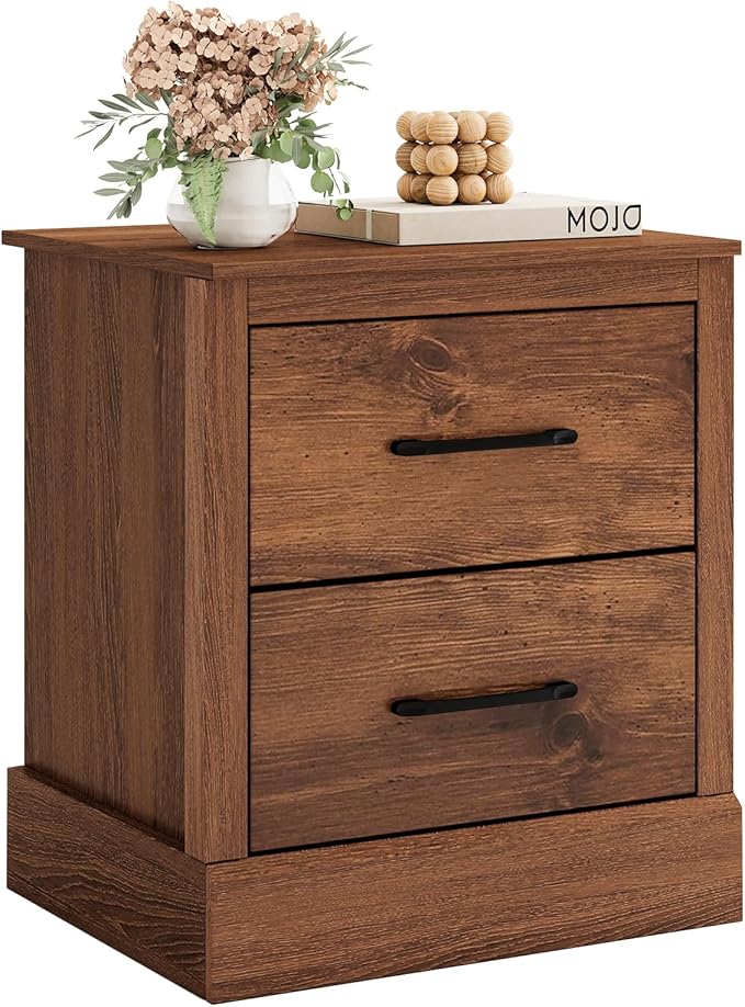 SIMOE Walnut Farmhouse Nightstand, Wooden Bedside Table with 2 Storage Drawers, Compact Floor-Standing Night Stand, Accent Sofa Side Table for Bedrooms