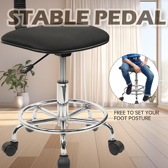 Low Wide Rolling Swivel Stool with Backrest, Adjustable Height Salon Chair Stools with Footrest for Spa Tattoo Office Desk Massage Task Lash Barber Facial, Black 4PK
