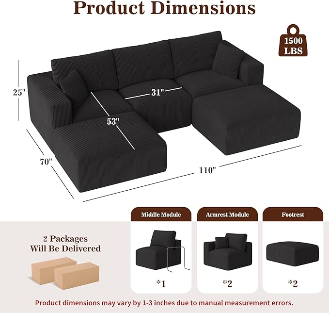 110" Modular Sectional Sofa, Cloud Couch U Shaped Memory Foam Boneless Couch with Ottoman, Cozy 3 Seater Corduroy Floor Couch, No Assembly Required Living Room Furniture for Apartment, Black