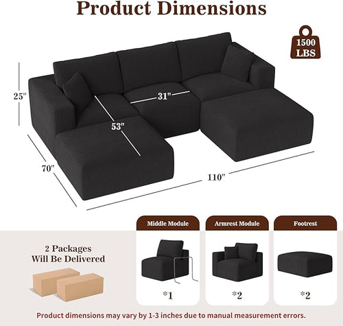 110" Modular Sectional Sofa, Cloud Couch U Shaped Memory Foam Boneless Couch with Ottoman, Cozy 3 Seater Corduroy Floor Couch, No Assembly Required Living Room Furniture for Apartment, Black
