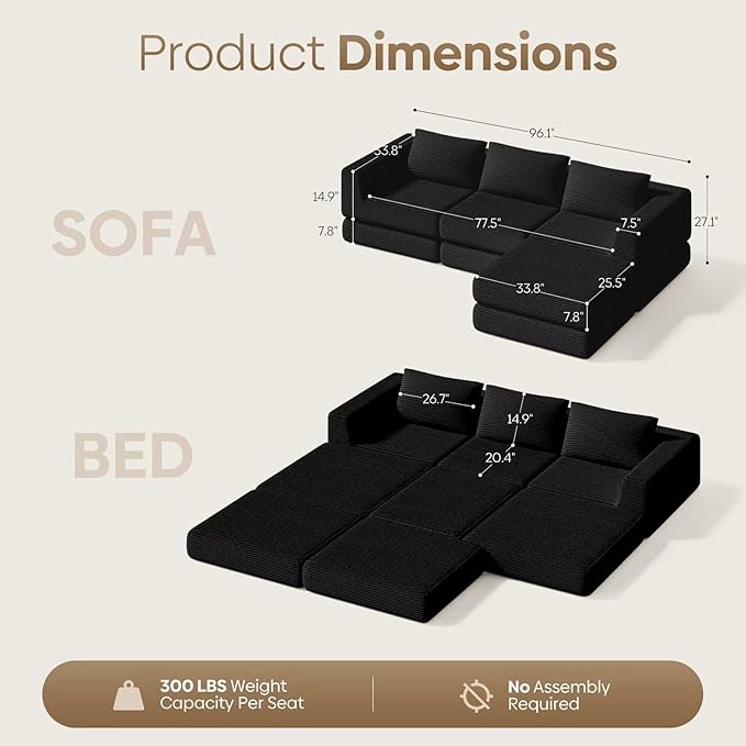 L-Shaped Corduroy Modular Sectional Couch, Modern Floor Couch Sofa for Apartment Living Room, Convertible Sleeper Sofa Bed with 3 Pillows, No Assembly Required, Black