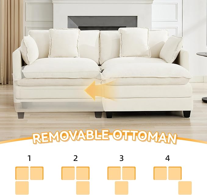 76'' Cloud Deep Seat Loveseat Sofa, Chenille Modular 2-Seat Sectional Couch with Movable Ottoman, Modern Comfy Settee Couches for Living Room & Small Apartment, Beige